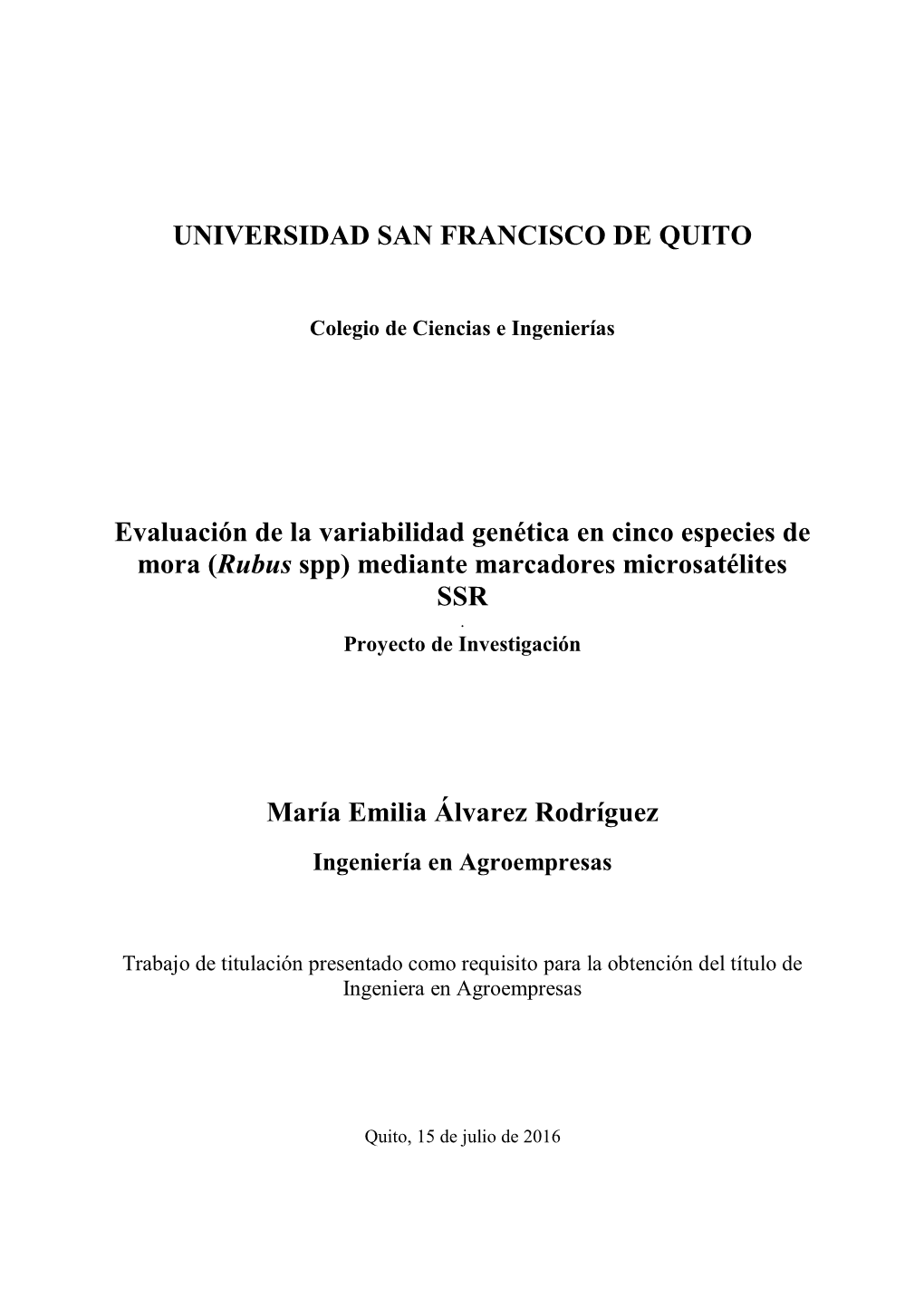 Evaluación De La Variabilidad Genética En Cinco Especies De Mora (Rubus Spp) Mediante Marcadores Microsatélites SSR