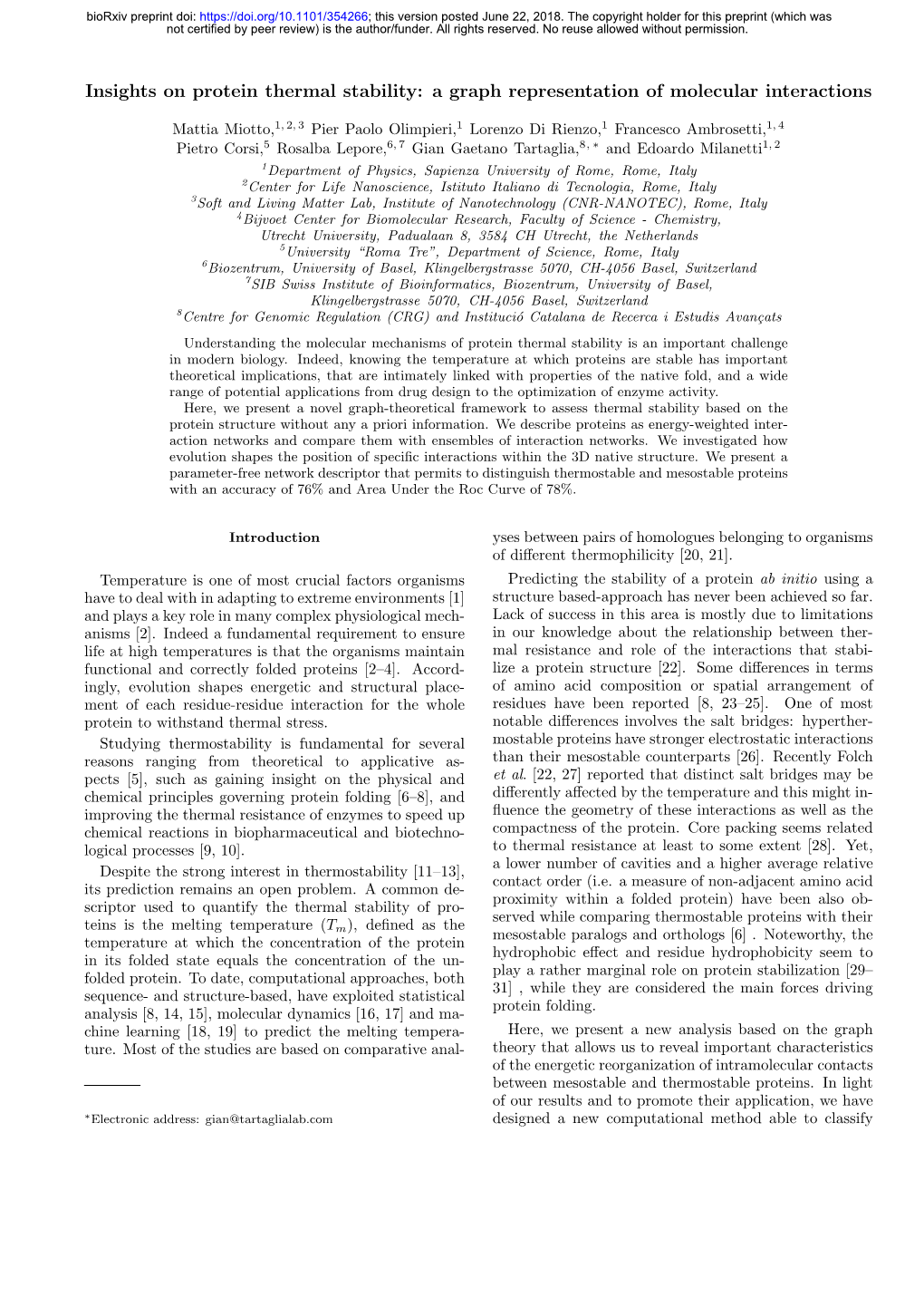 Insights on Protein Thermal Stability: a Graph Representation of Molecular Interactions