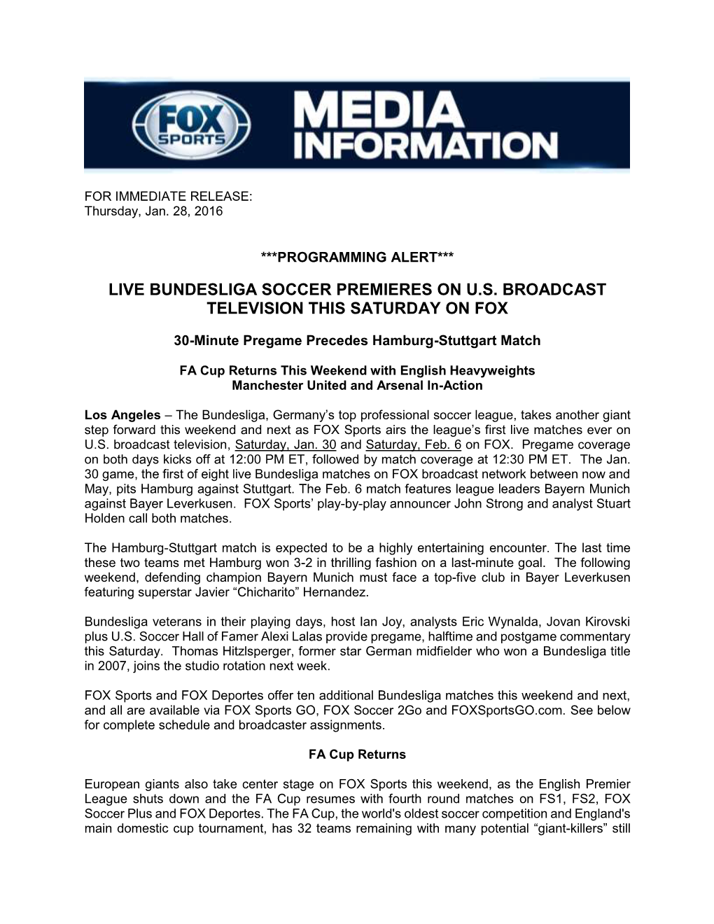 Live Bundesliga Soccer Premieres on U.S. Broadcast Television This Saturday on Fox