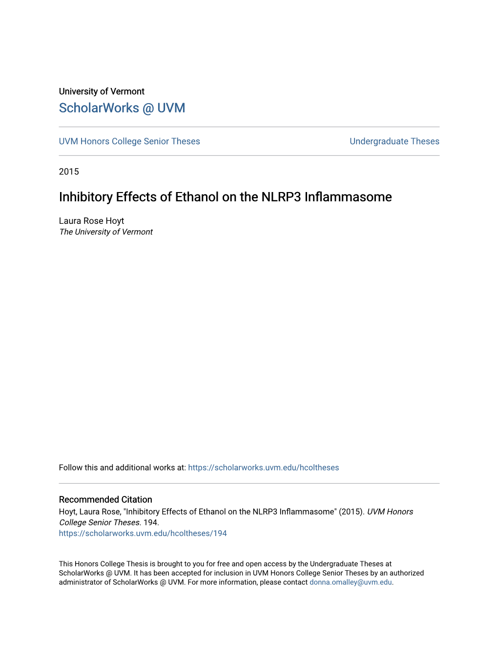 Inhibitory Effects of Ethanol on the NLRP3 Inflammasome