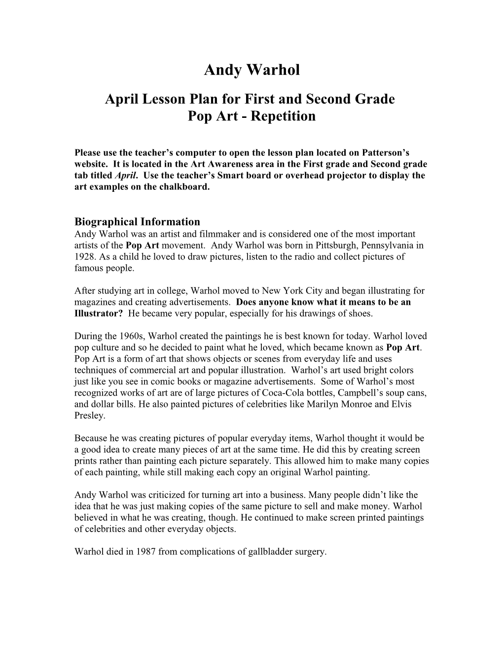 April Lesson Plan for First and Second Grade