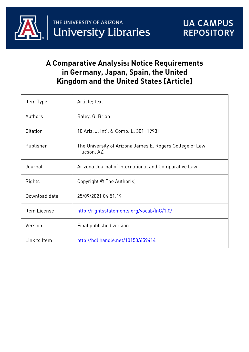 A Comparative Analysis: Notice Requirements in Germany, Japan, Spain, the United Kingdom and the United States [Article]
