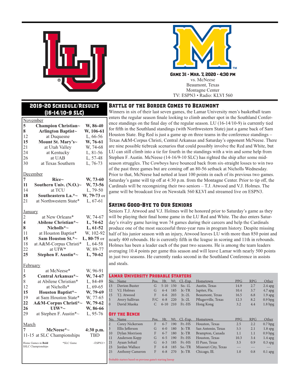 2019-20 Schedule/Results (16-14/10-9 SLC) Battle of The