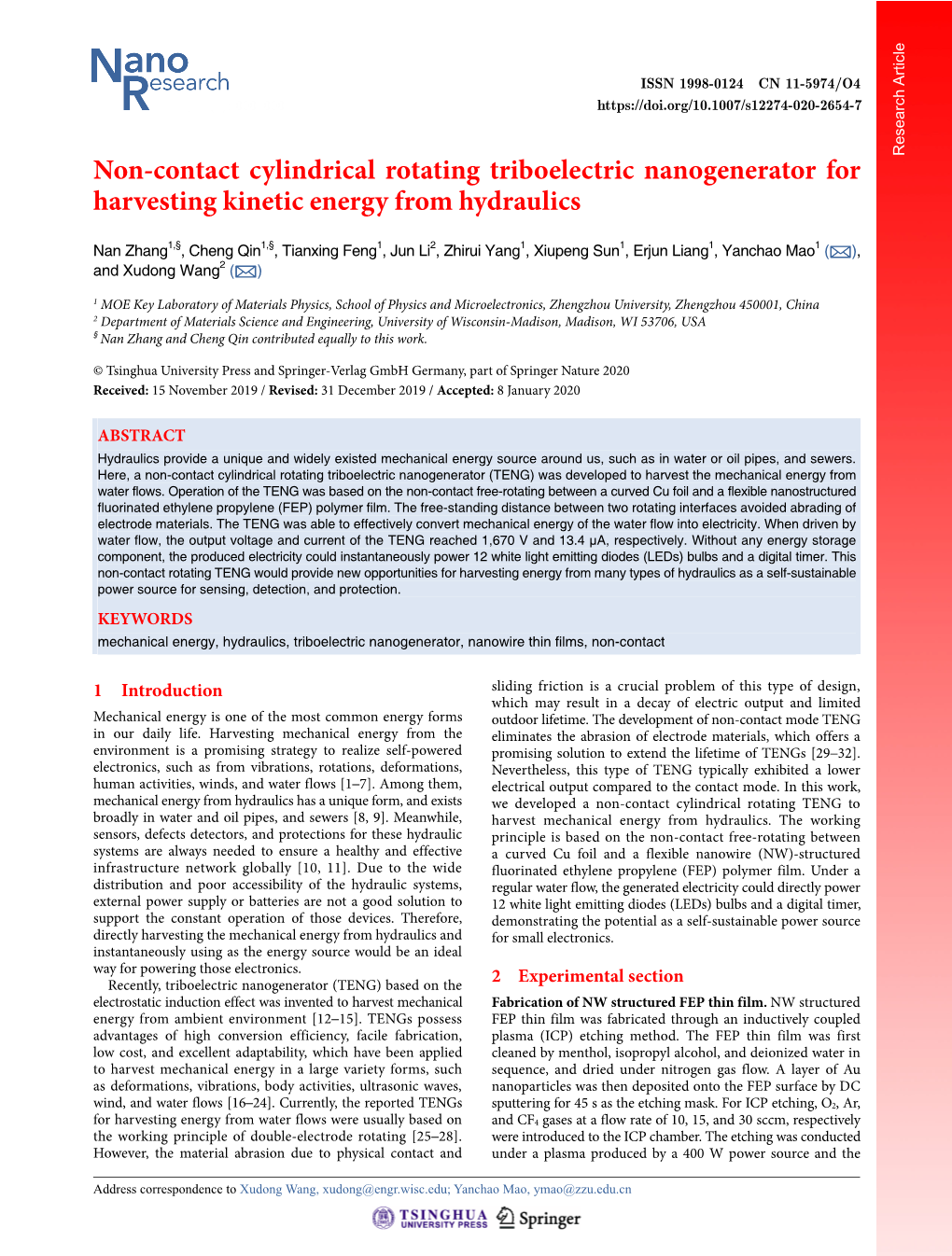 Non-Contact Cylindrical Rotating Triboelectric Nanogenerator for Harvesting Kinetic Energy from Hydraulics