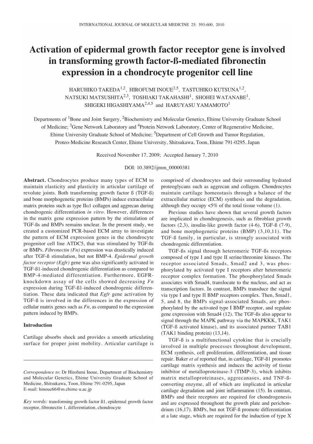 Activation of Epidermal Growth Factor Receptor Gene Is Involved in Transforming Growth Factor-ß-Mediated Fibronectin Expression in a Chondrocyte Progenitor Cell Line