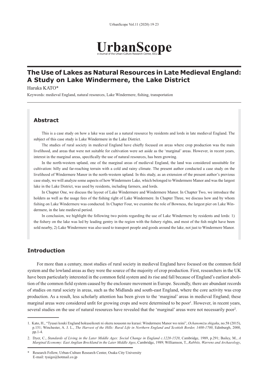 The Use of Lakes As Natural Resources in Late Medieval England: a Study on Lake Windermere, the Lake District