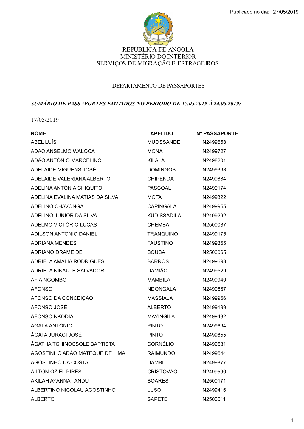 República De Angola Ministério Do Interior Serviços De Migração E Estrageiros