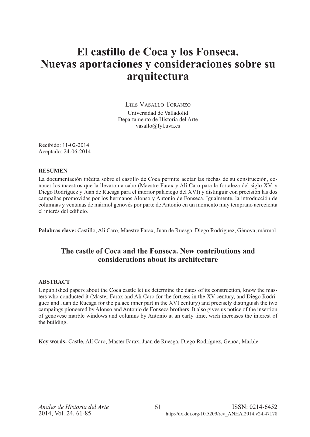 El Castillo De Coca Y Los Fonseca. Nuevas Aportaciones Y Consideraciones Sobre Su Arquitectura