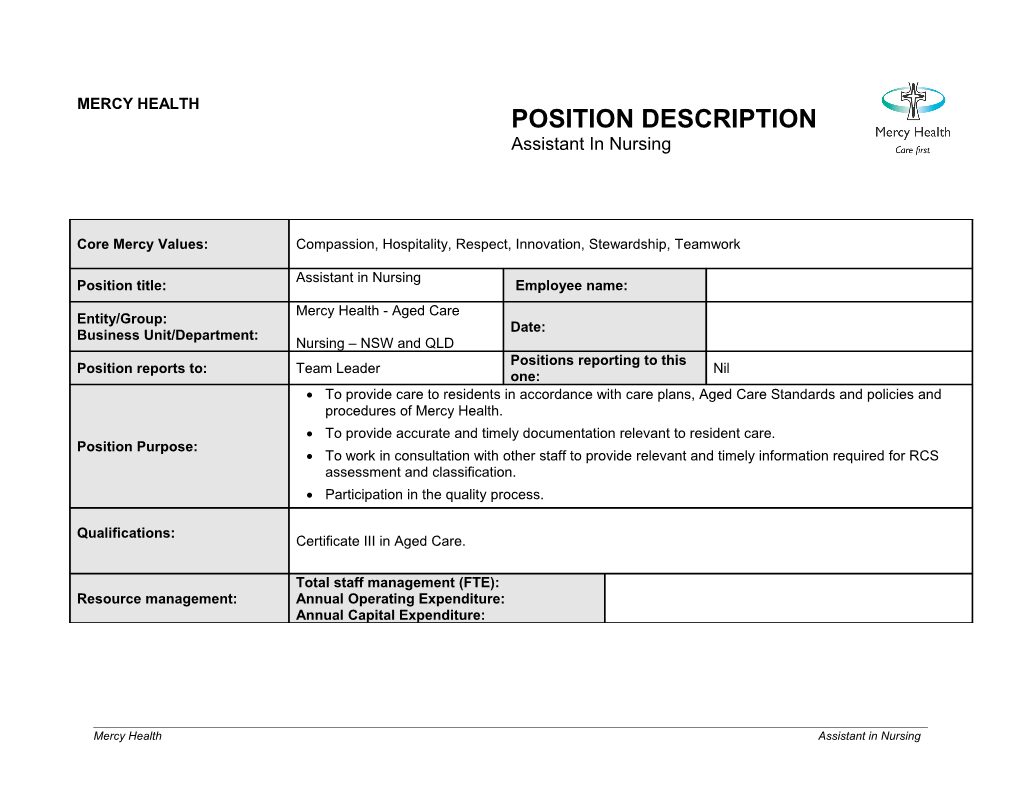 Personal Care Worker Position Description