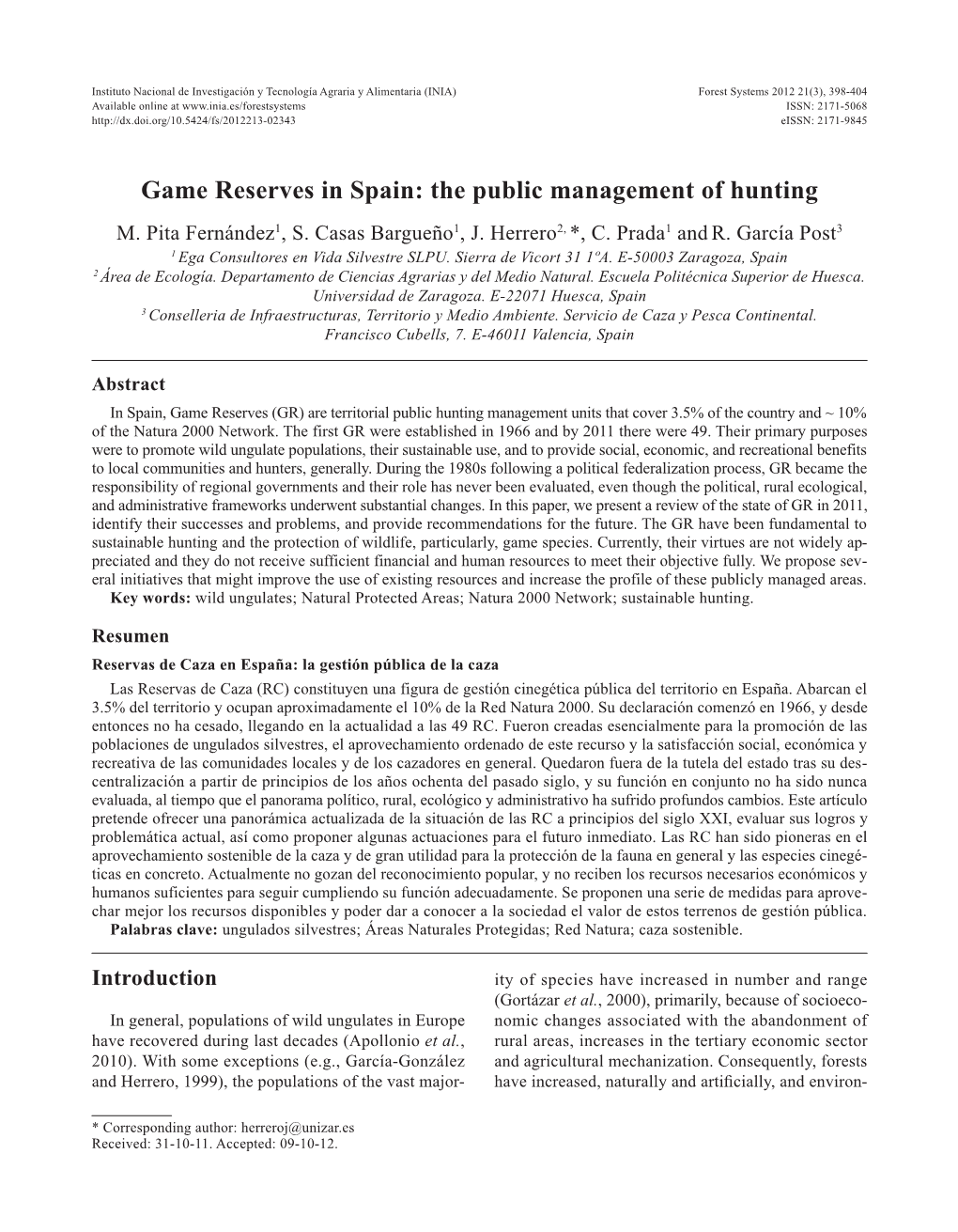 Game Reserves in Spain: the Public Management of Hunting M
