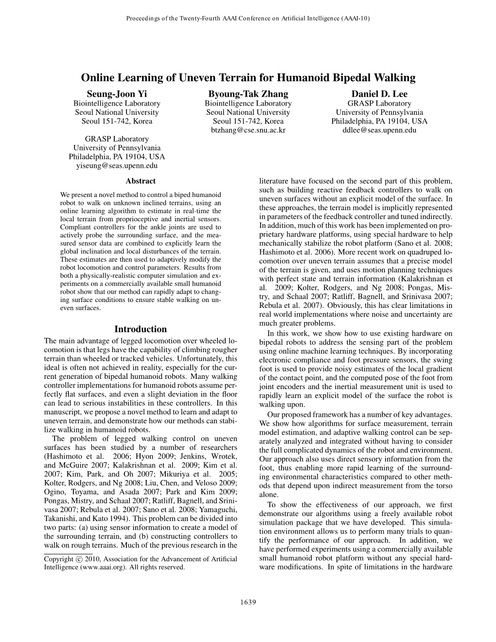 Online Learning of Uneven Terrain for Humanoid Bipedal Walking Seung-Joon Yi Byoung-Tak Zhang Daniel D