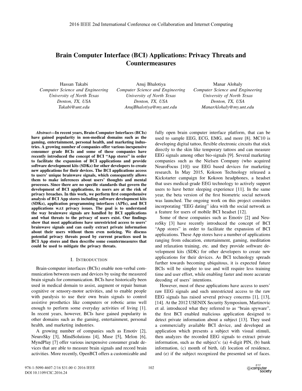 Brain Computer Interface (BCI) Applications: Privacy Threats and Countermeasures