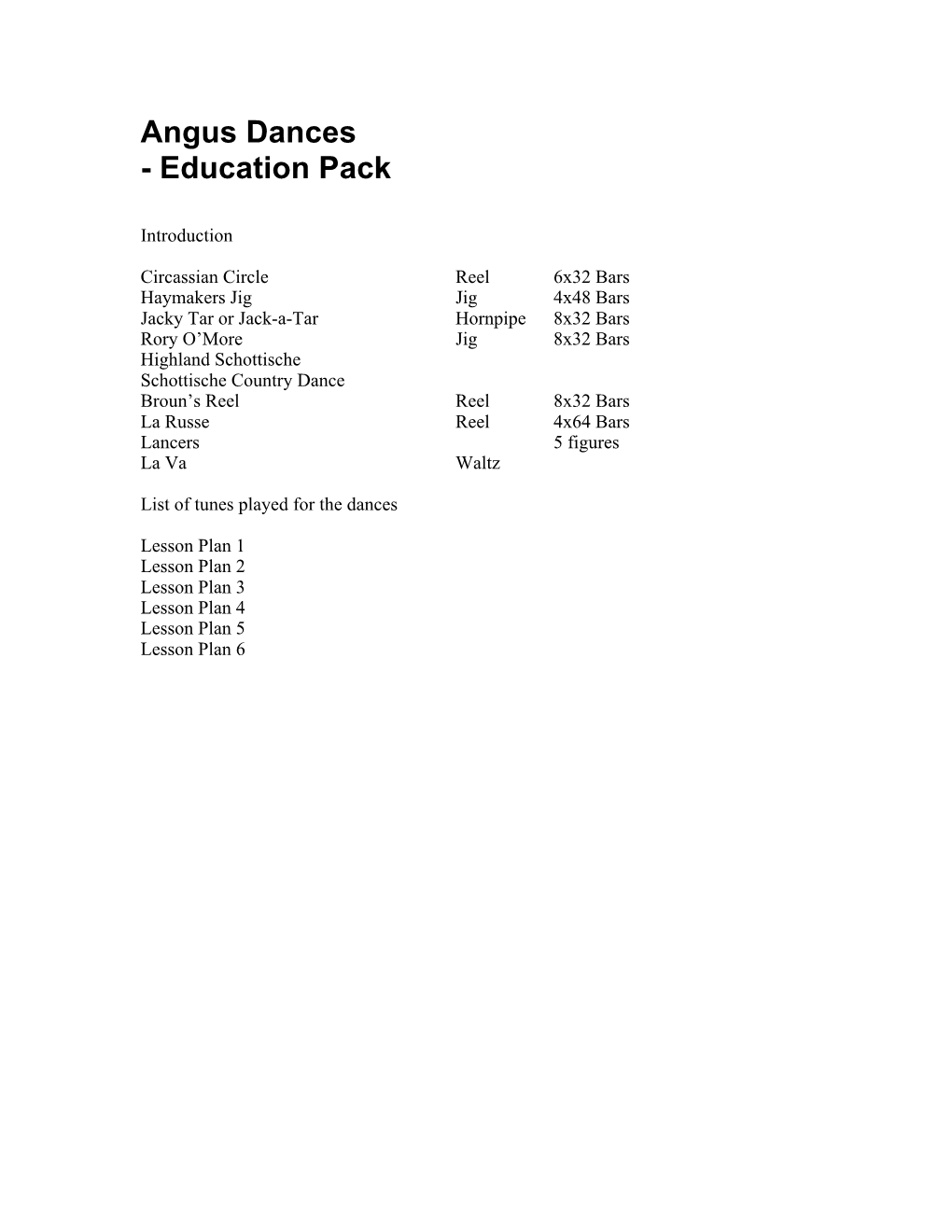 Contents, Dance Information and Tunes Recorded on the CD