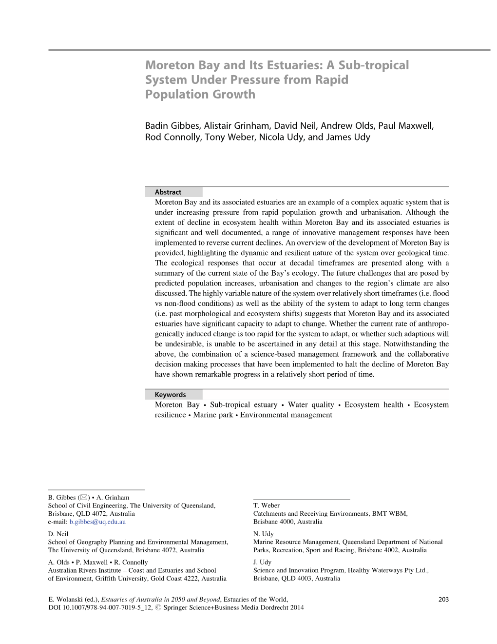 Moreton Bay and Its Estuaries: a Sub-Tropical System Under Pressure from Rapid Population Growth