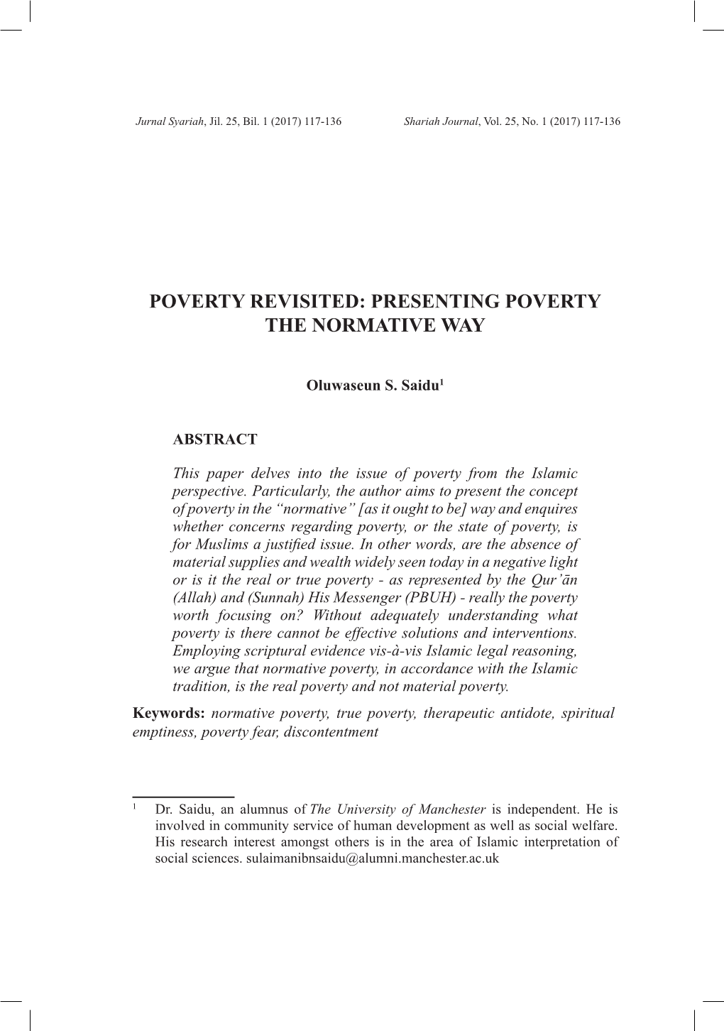 Poverty Revisited: Presenting Poverty the Normative Way