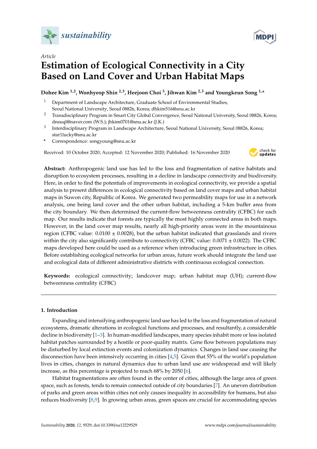 Estimation of Ecological Connectivity in a City Based on Land Cover and Urban Habitat Maps