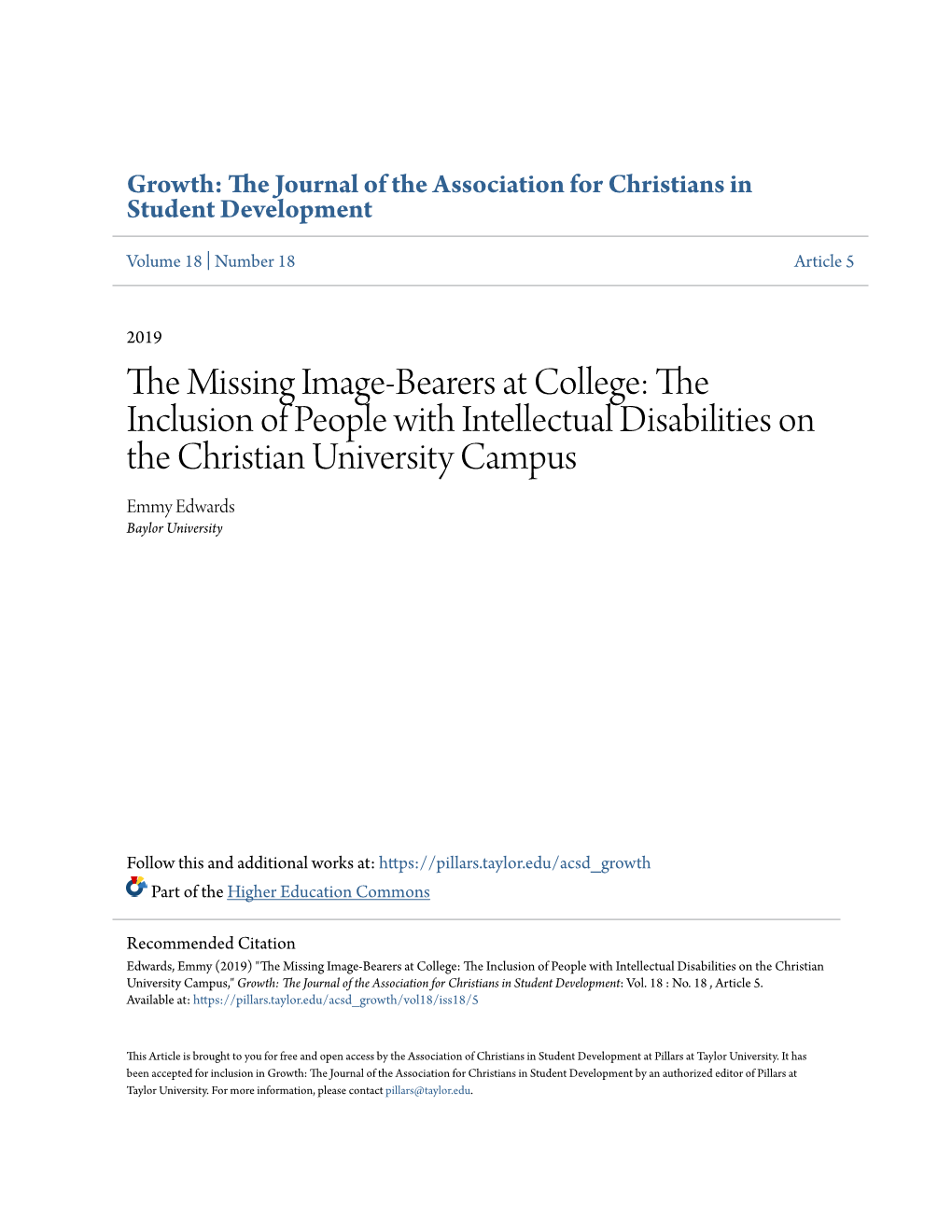 The Missing Image-Bearers at College: the Inclusion of People with Intellectual Disabilities on the Christian University Campus