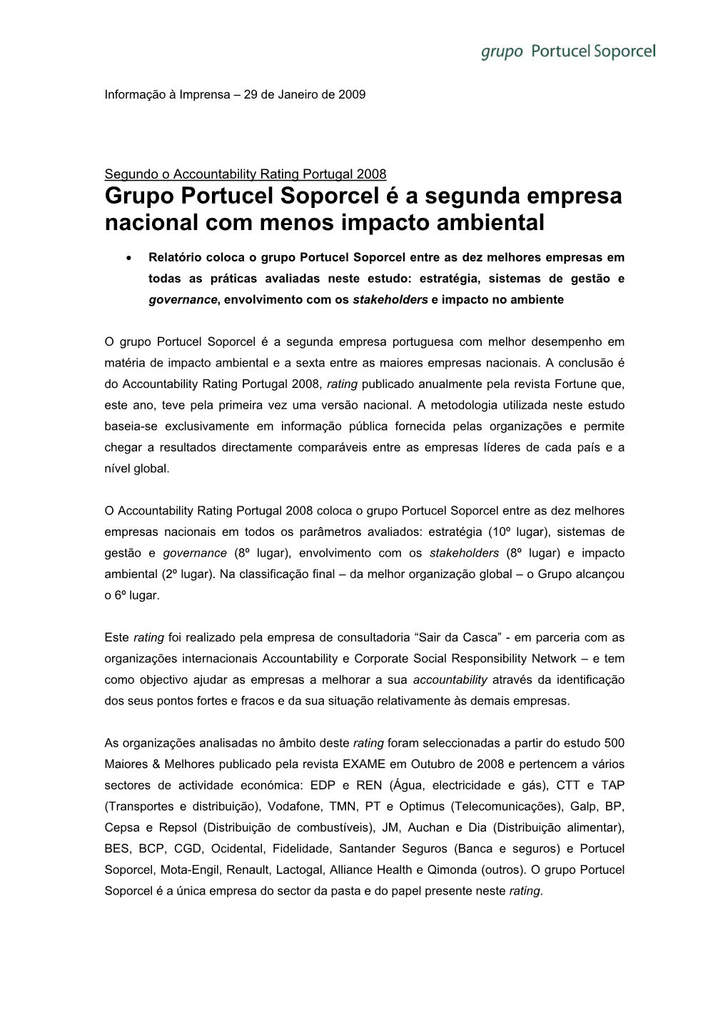 Grupo Portucel Soporcel É a Segunda Empresa Nacional Com Menos Impacto Ambiental