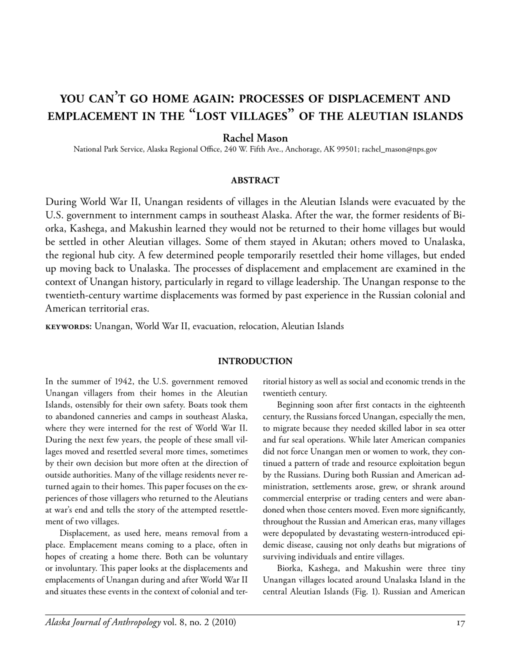 Lost Villages” of the Aleutian Islands Rachel Mason National Park Service, Alaska Regional Office, 240 W