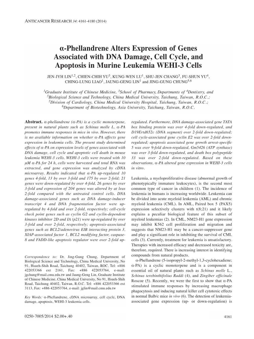 Α-Phellandrene Alters Expression of Genes Associated with DNA Damage, Cell Cycle, and Apoptosis in Murine Leukemia WEHI-3 Cells