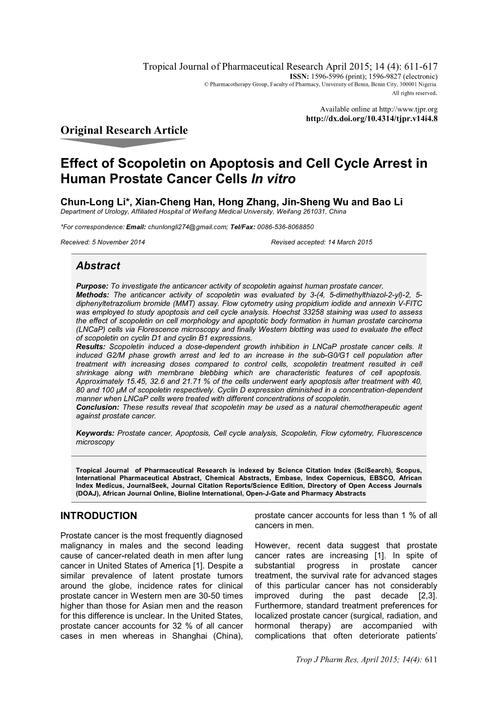 Effect of Scopoletin on Apoptosis and Cell Cycle Arrest in Human Prostate Cancer Cells in Vitro