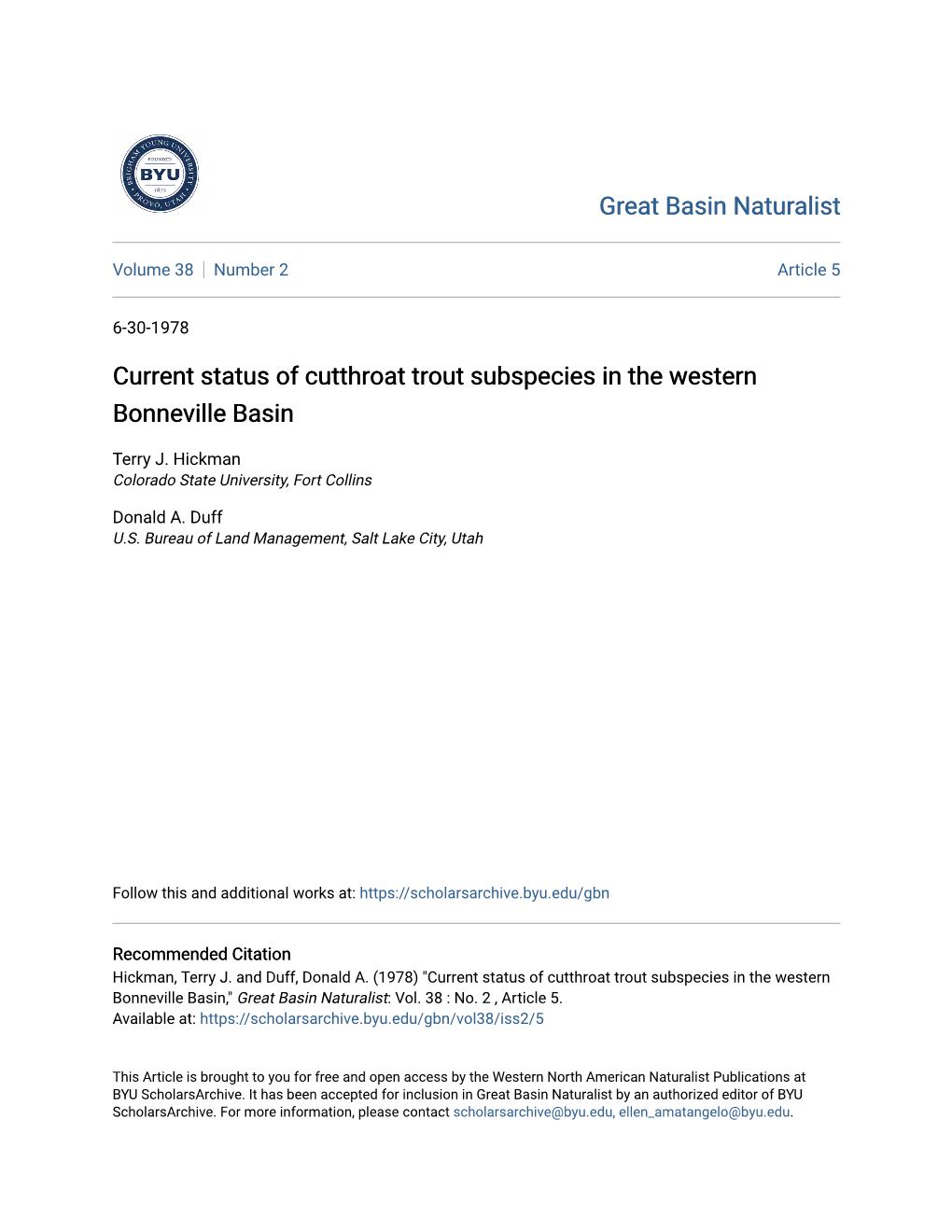 Current Status of Cutthroat Trout Subspecies in the Western Bonneville Basin