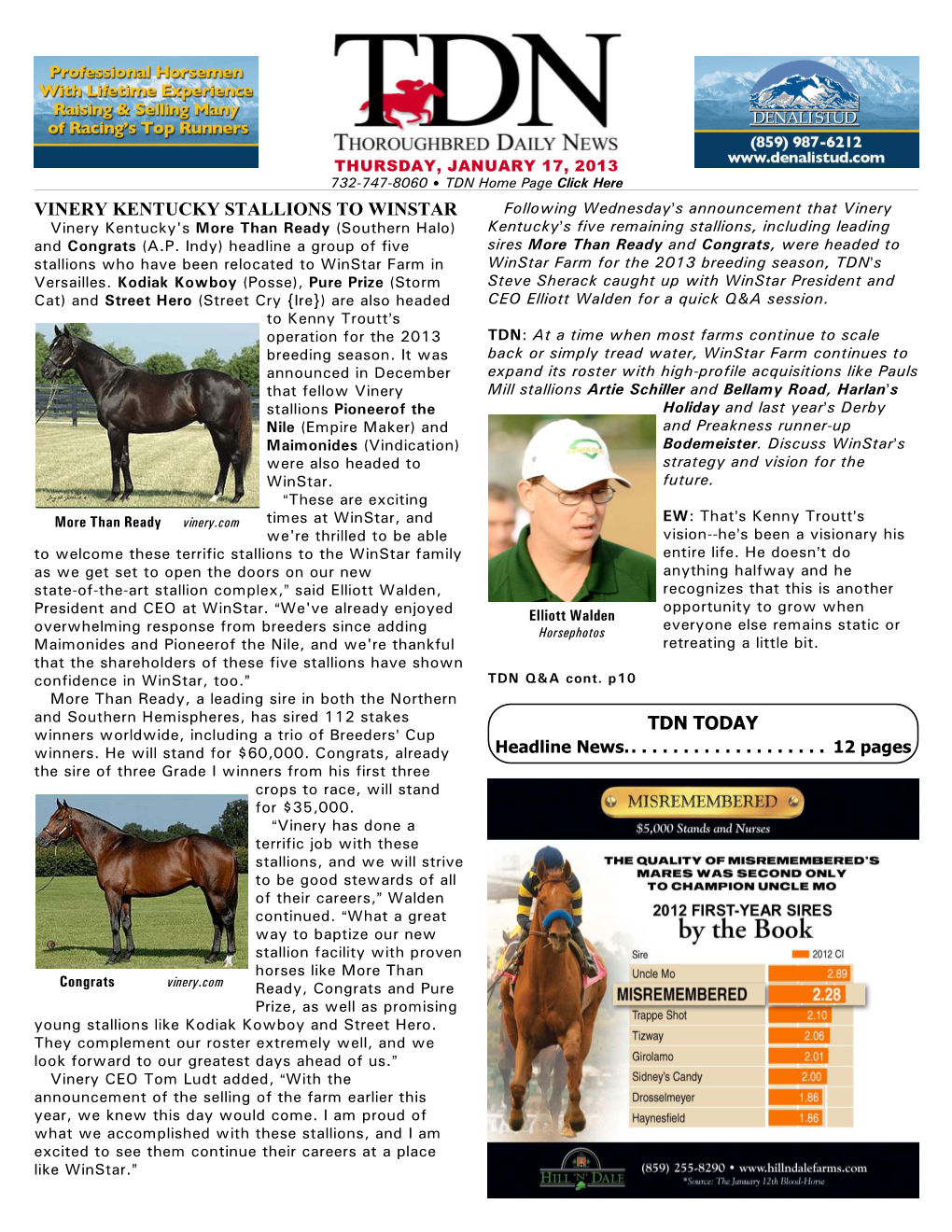 Vinery Kentucky Stallions to Winstar Tdn Today