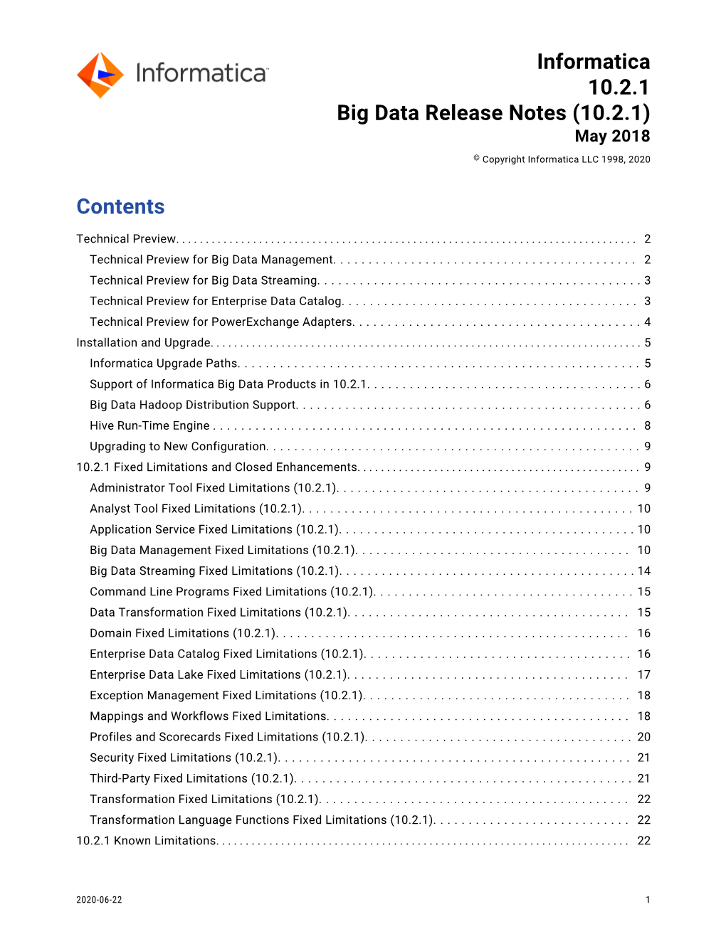 Informatica 10.2.1 Big Data Release Notes (10.2.1) May 2018