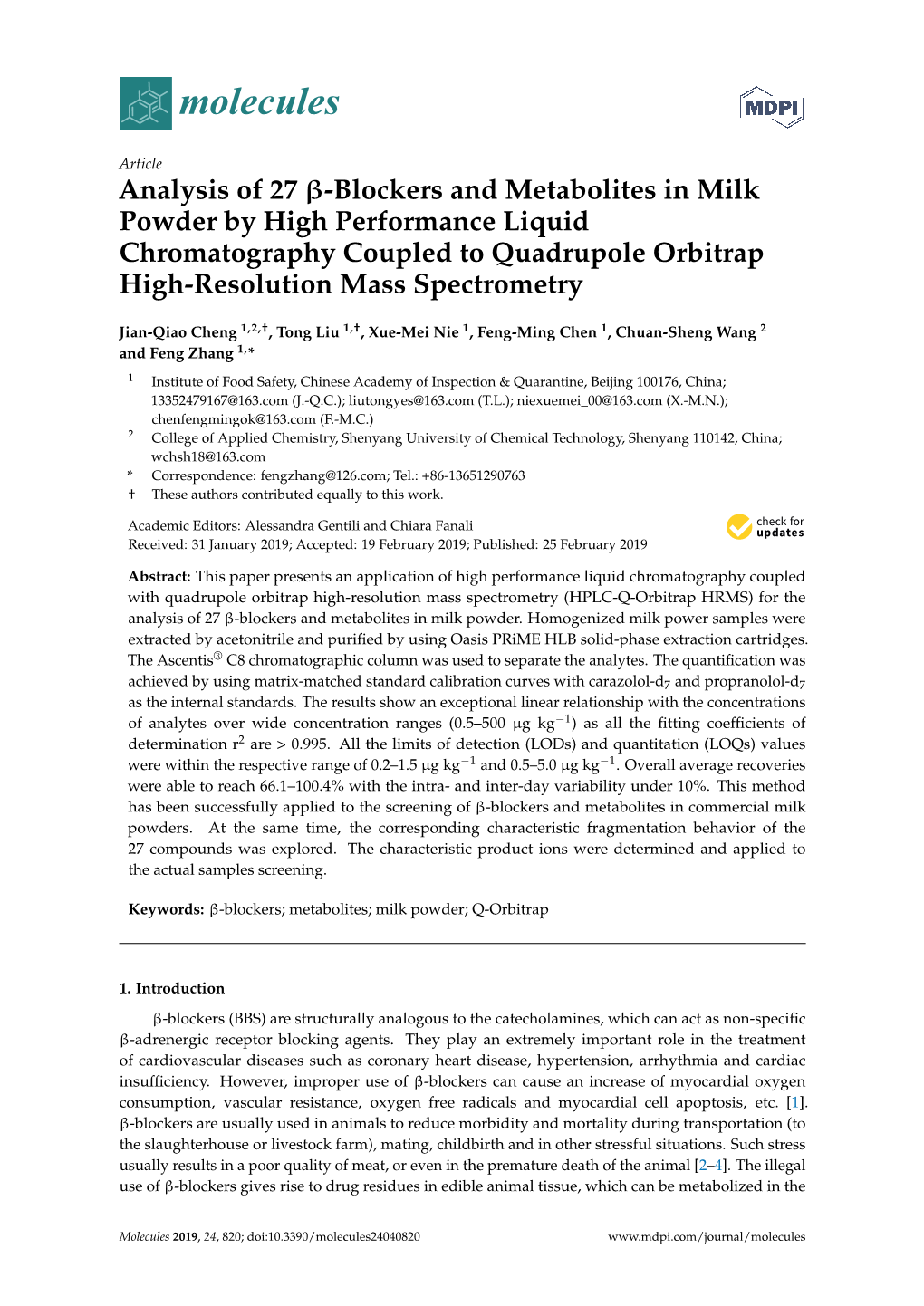 Analysis of 27 Β-Blockers and Metabolites in Milk Powder by High Performance Liquid Chromatography Coupled to Quadrupole Orbitrap High-Resolution Mass Spectrometry