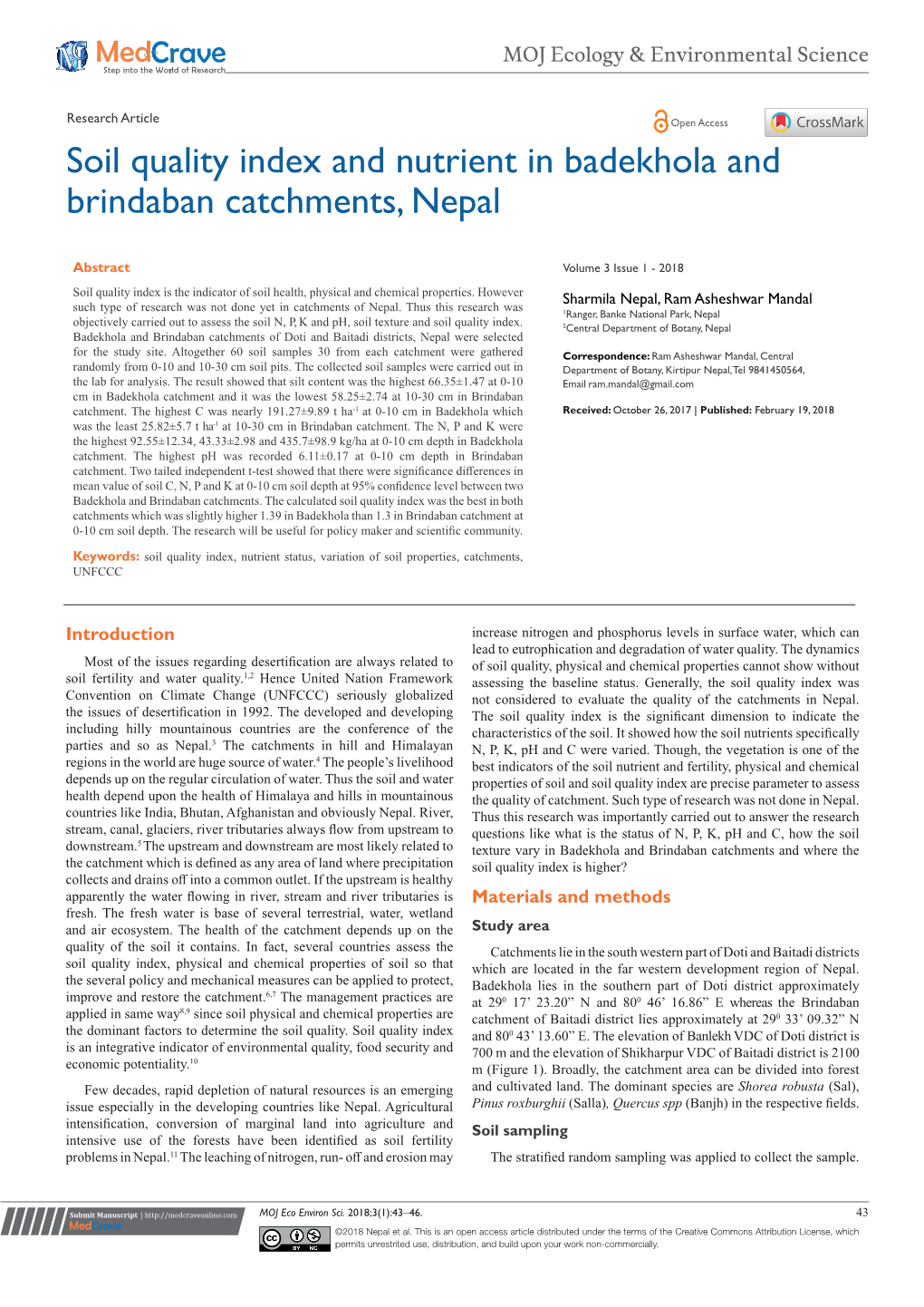 Soil Quality Index and Nutrient in Badekhola and Brindaban Catchments, Nepal