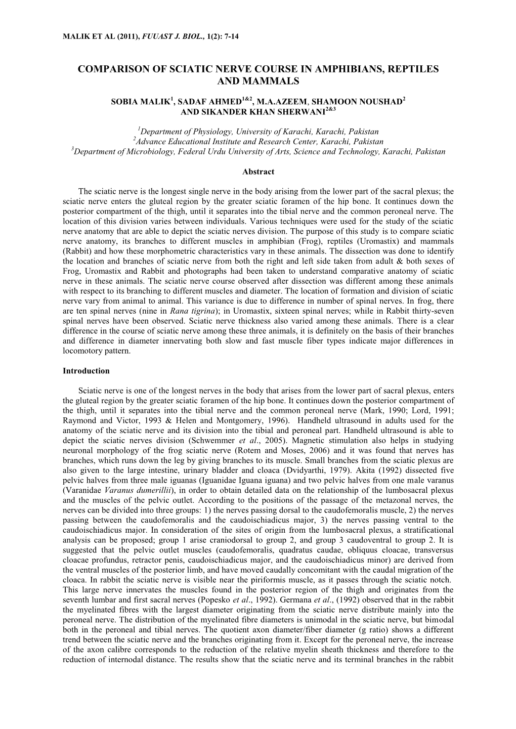 Comparison of Sciatic Nerve Course in Amphibians, Reptiles and Mammals