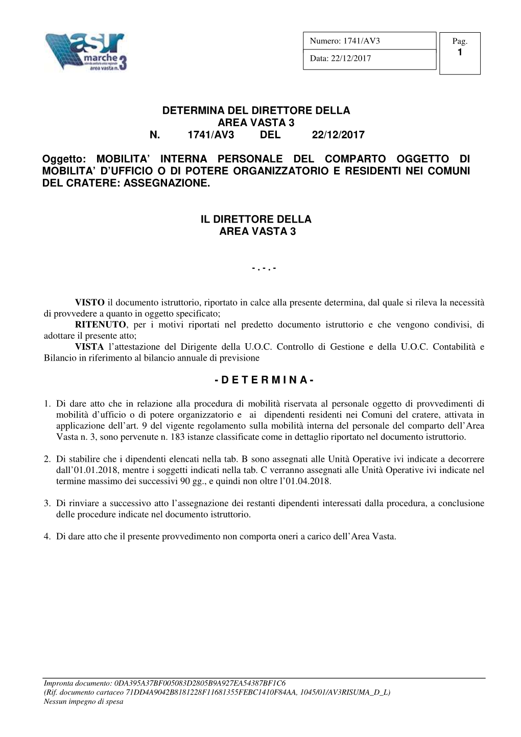 Determina Del Direttore Della Area Vasta 3 N