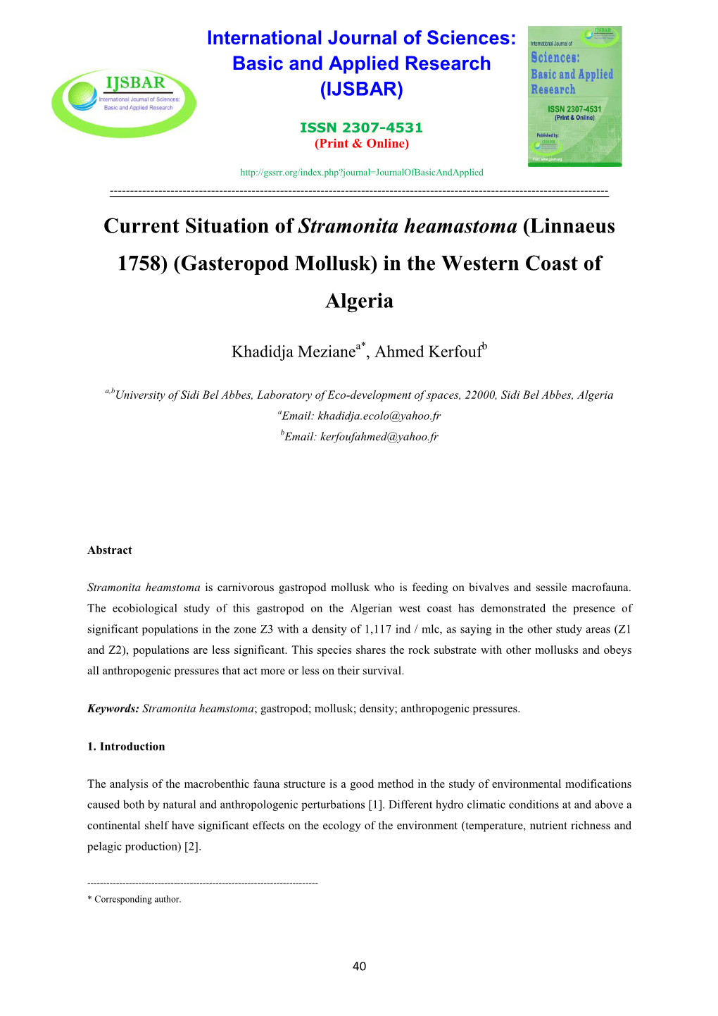 Current Situation of Stramonita Heamastoma (Linnaeus 1758) (Gasteropod Mollusk) in the Western Coast of Algeria