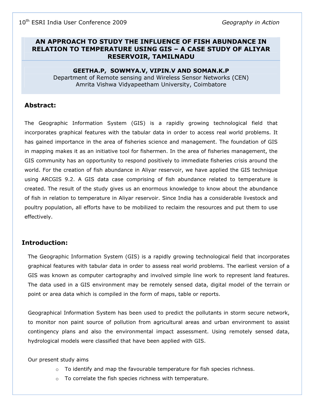 An Approach to Study the Influence of Fish Abundance in Relation to Temperature Using Gis – a Case Study of Aliyar Reservoir, Tamilnadu