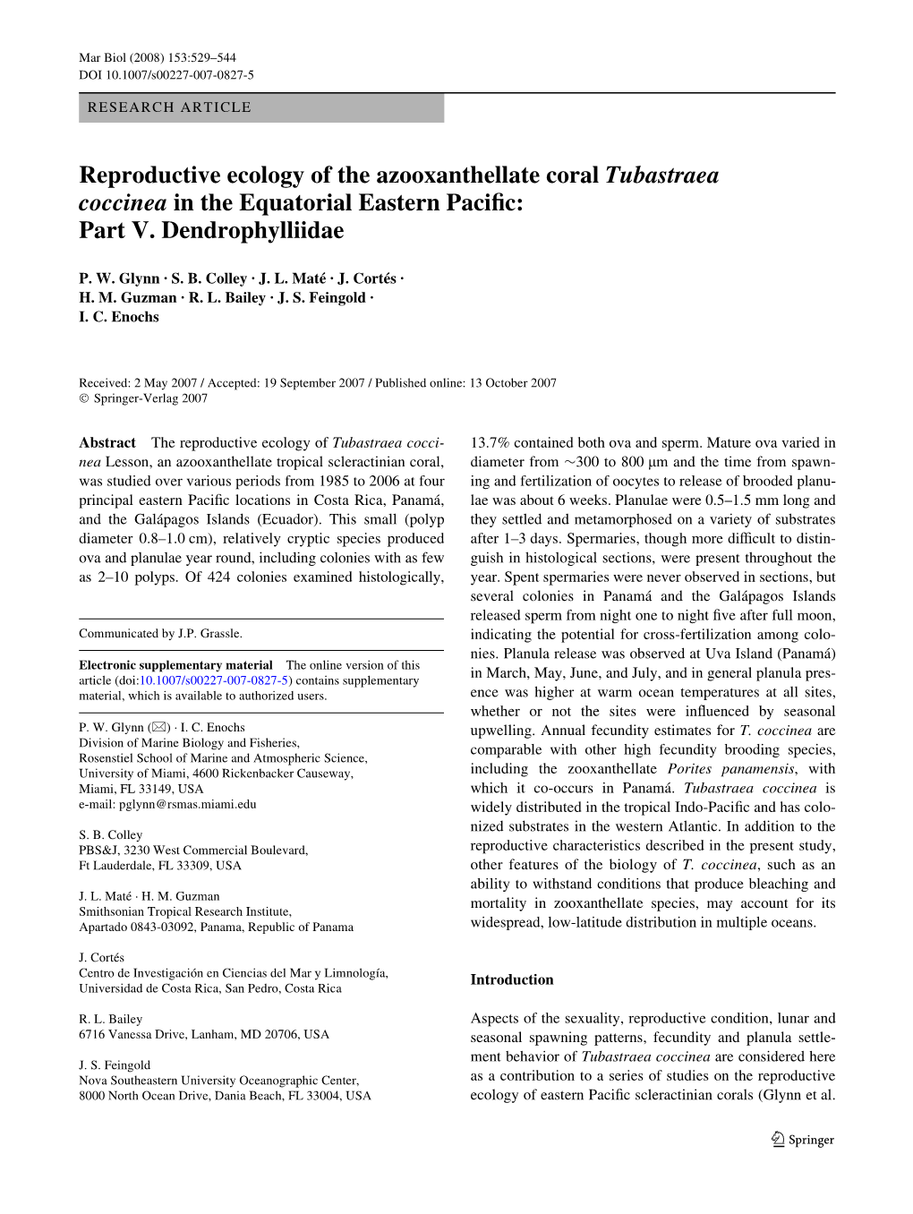 Reproductive Ecology of the Azooxanthellate Coral Tubastraea Coccinea in the Equatorial Eastern Paciwc: Part V