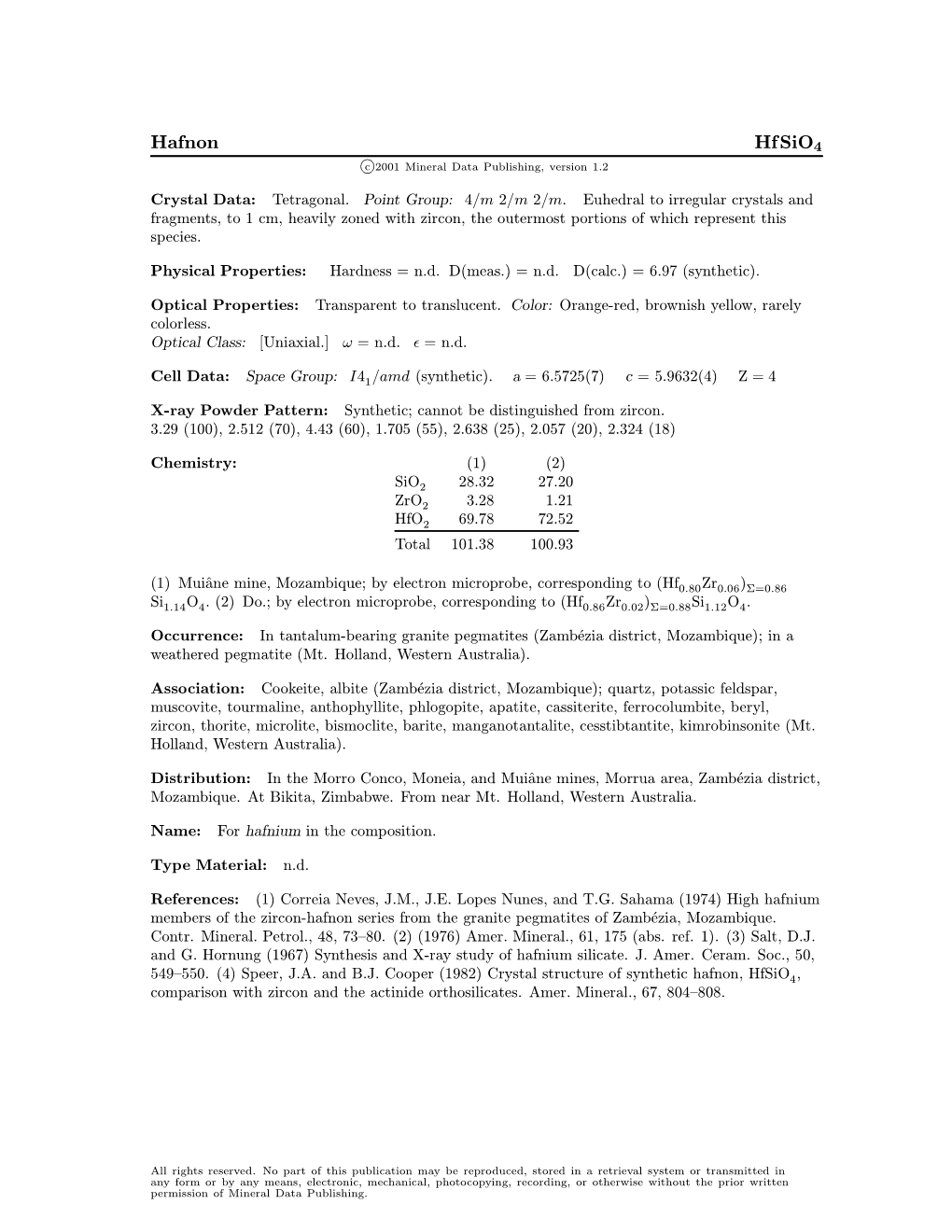 Hafnon Hfsio4 C 2001 Mineral Data Publishing, Version 1.2 ° Crystal Data: Tetragonal