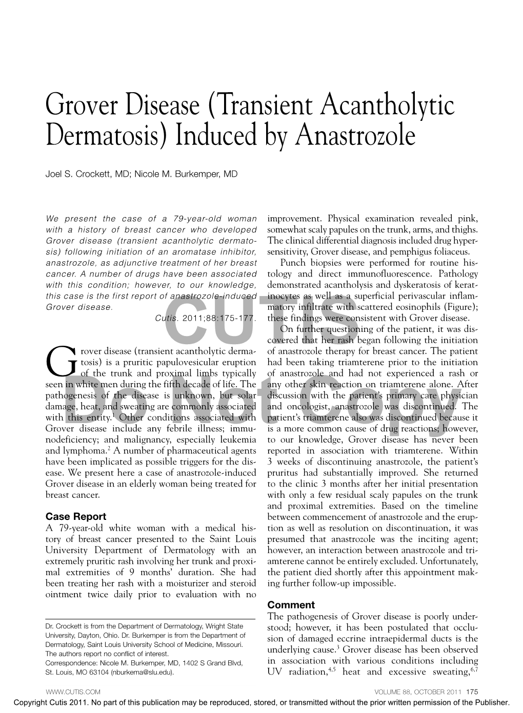 Grover Disease (Transient Acantholytic Dermatosis) Induced by Anastrozole