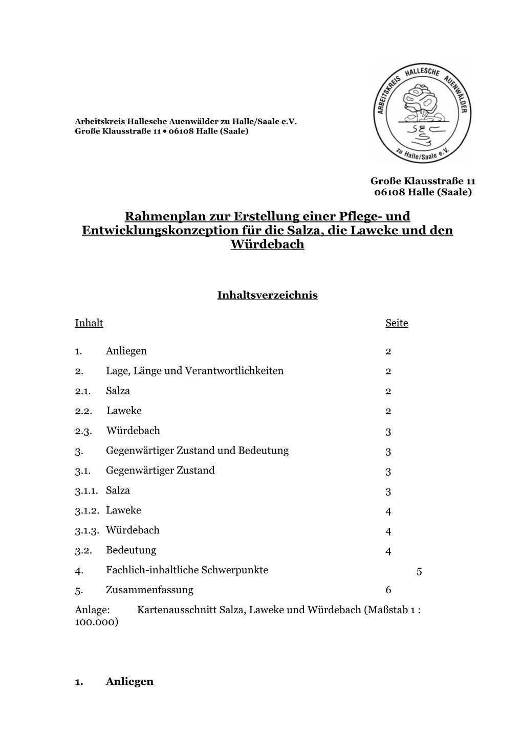 Rahmenplan Zur Erstellung Einer Pflege- Und Entwicklungskonzeption Für Die Salza, Die Laweke Und Den Würdebach