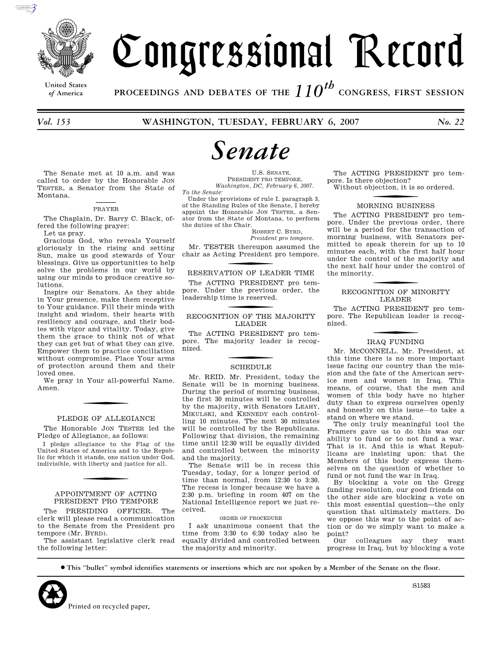 Congressional Record United States Th of America PROCEEDINGS and DEBATES of the 110 CONGRESS, FIRST SESSION