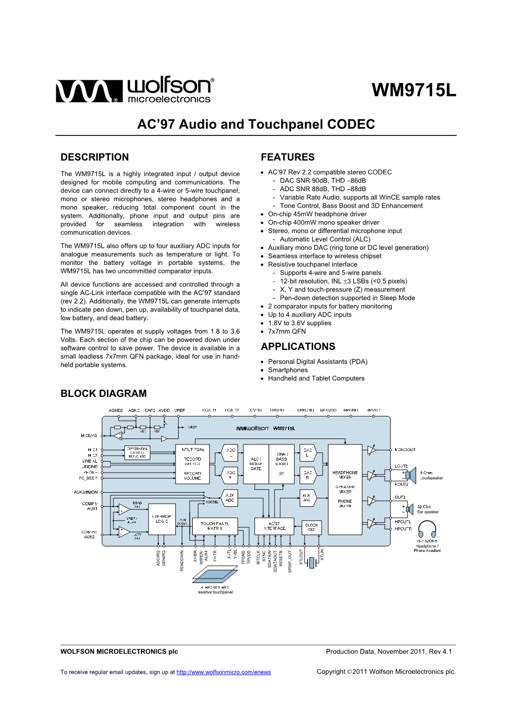 Wolfson WM9715L Audio Codec and Touch Screen Controller