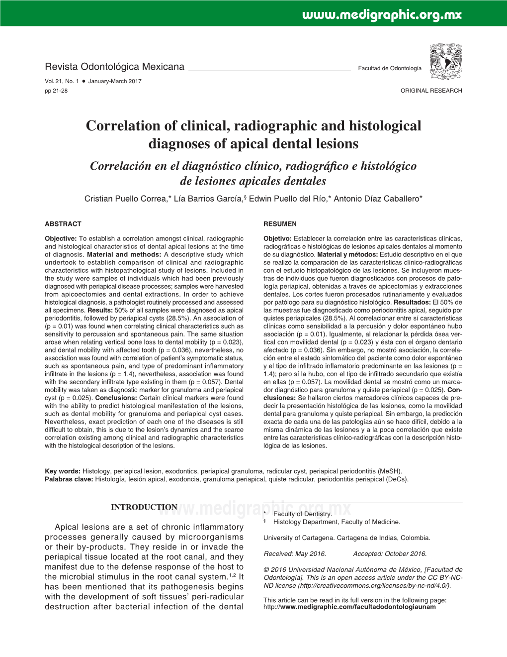 Correlation of Clinical, Radiographic and Histological Diagnoses of Apical