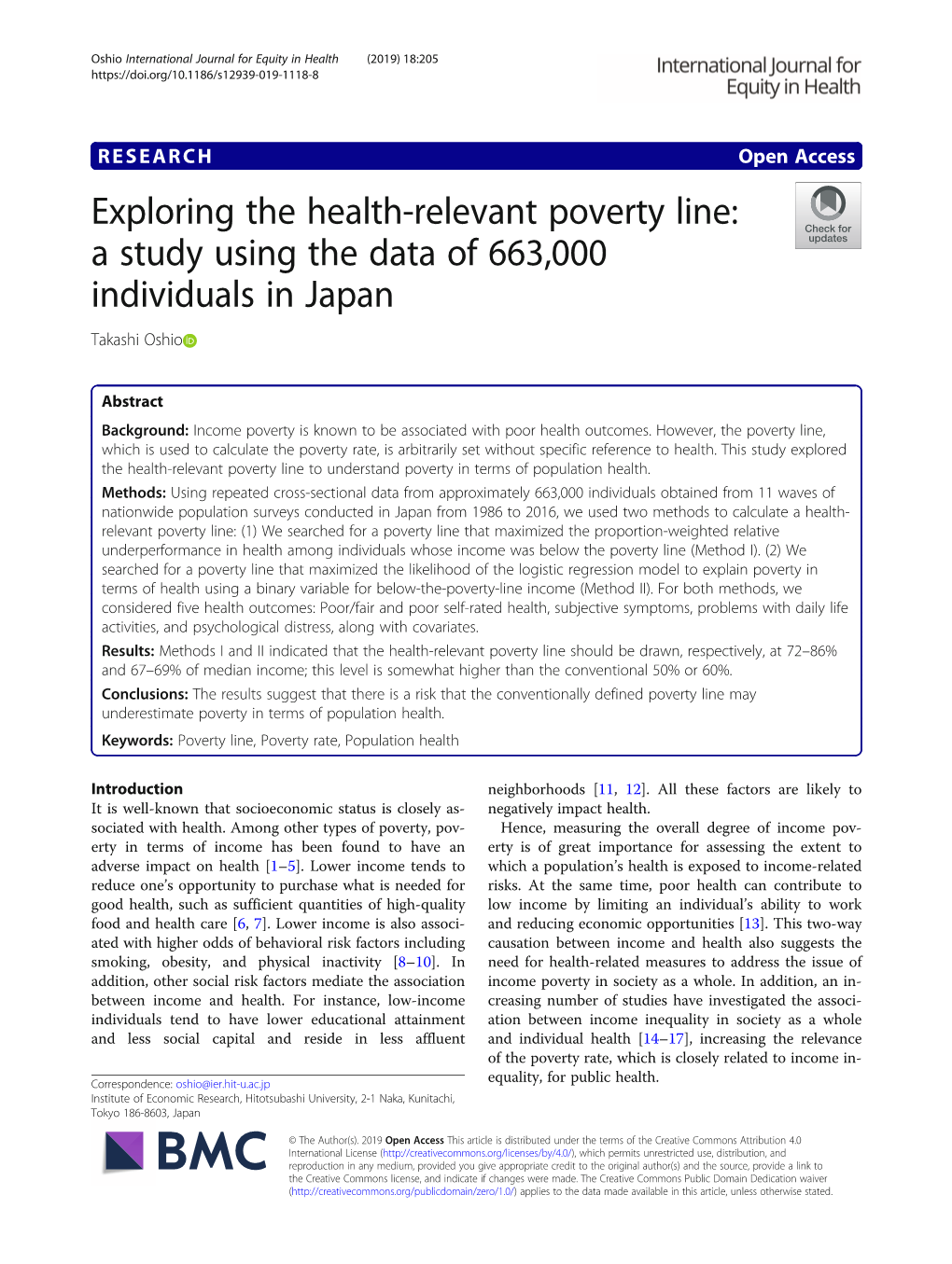 Exploring the Health-Relevant Poverty Line: a Study Using the Data of 663,000 Individuals in Japan Takashi Oshio