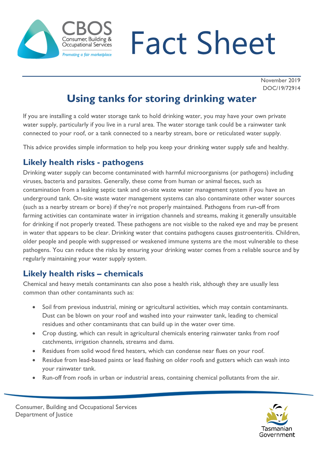 Using Tanks for Storing Drinking Water Fact Sheet