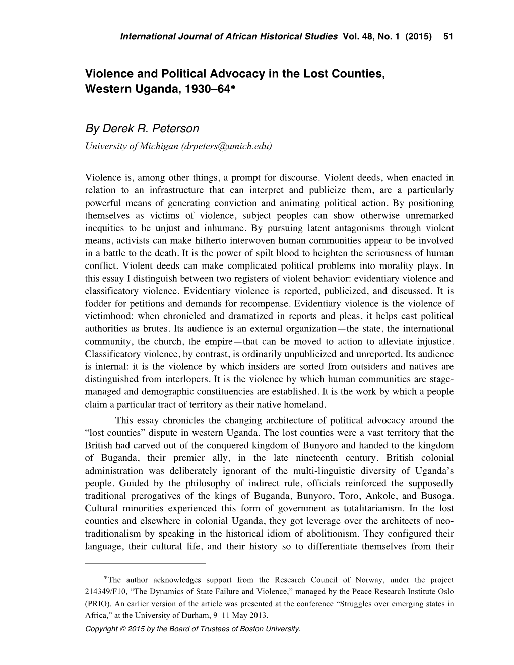 Violence and Political Advocacy in the Lost Counties, Western Uganda, 1930–64∗