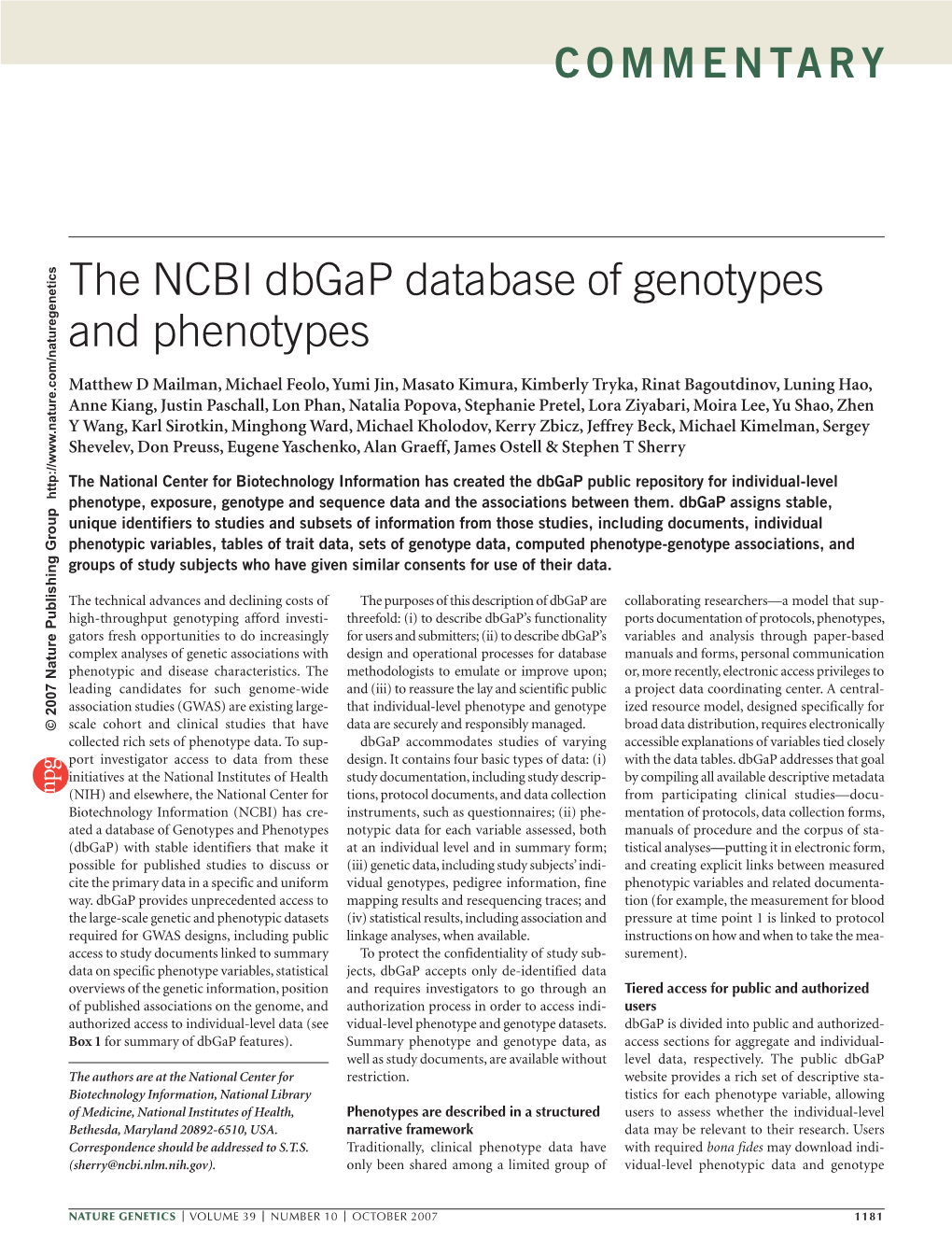 The NCBI Dbgap Database of Genotypes and Phenotypes