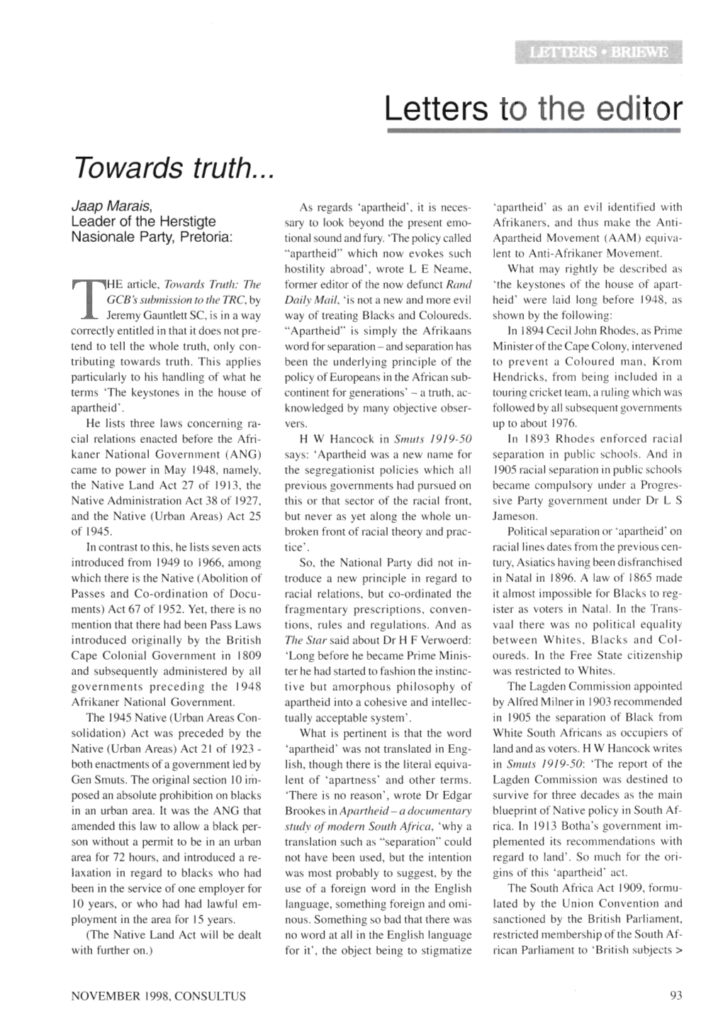 Letters to the Editor Towards Truth