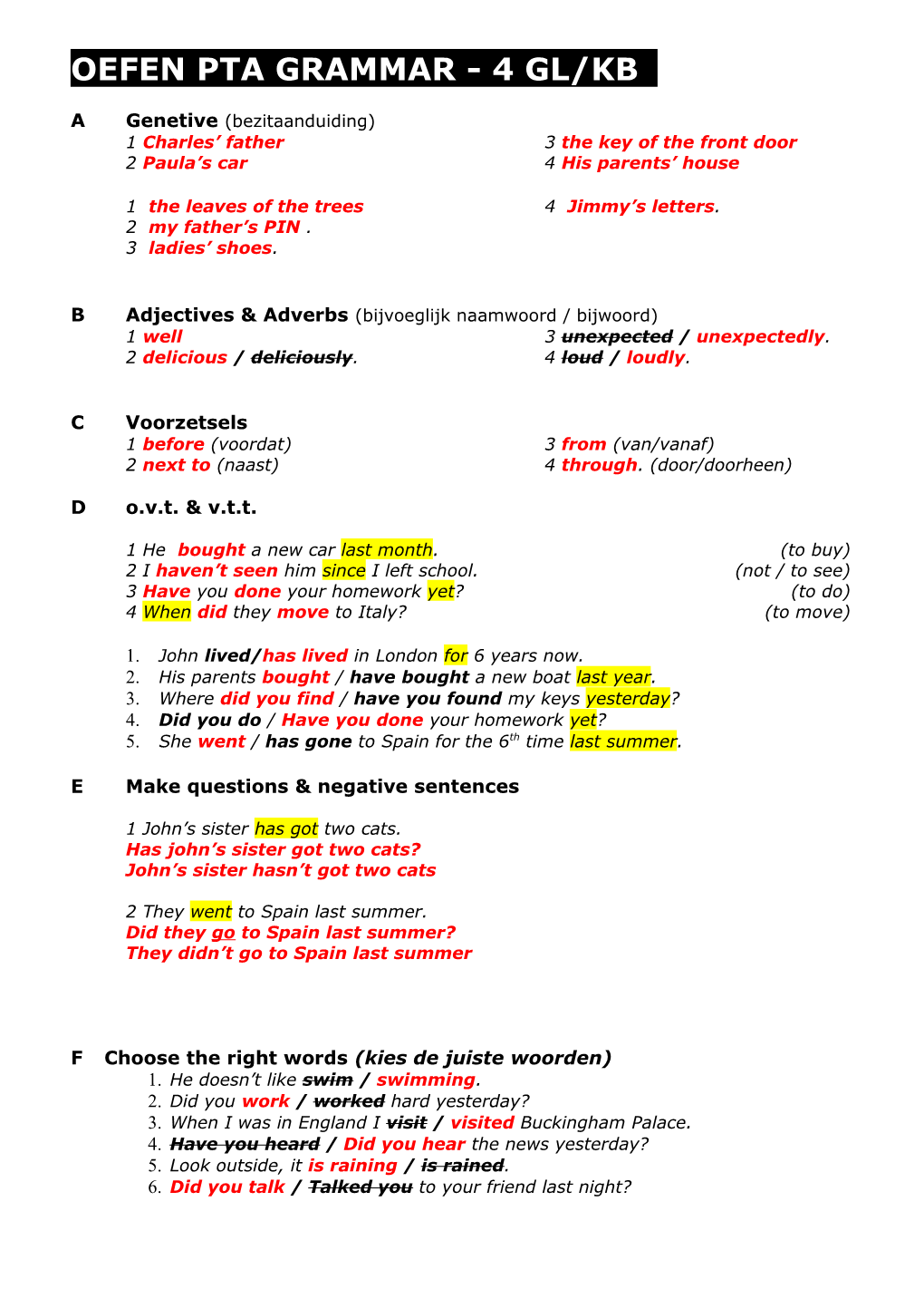 Oefen Pta Grammar - 4 Gl/Kb