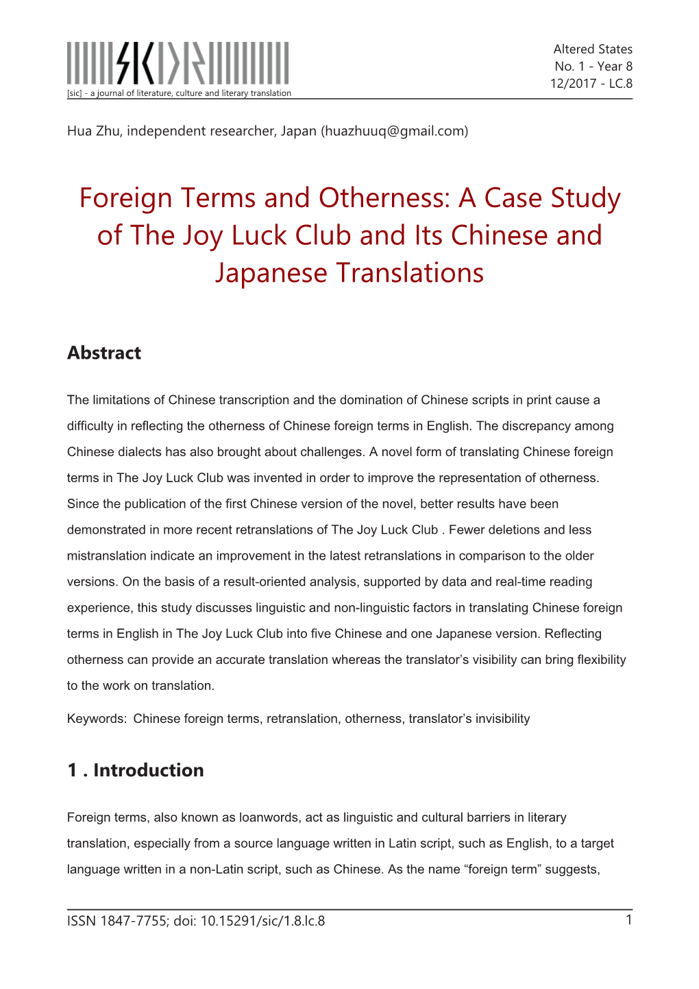 Foreign Terms and Otherness: a Case Study of the Joy Luck Club and Its Chinese and Japanese Translations