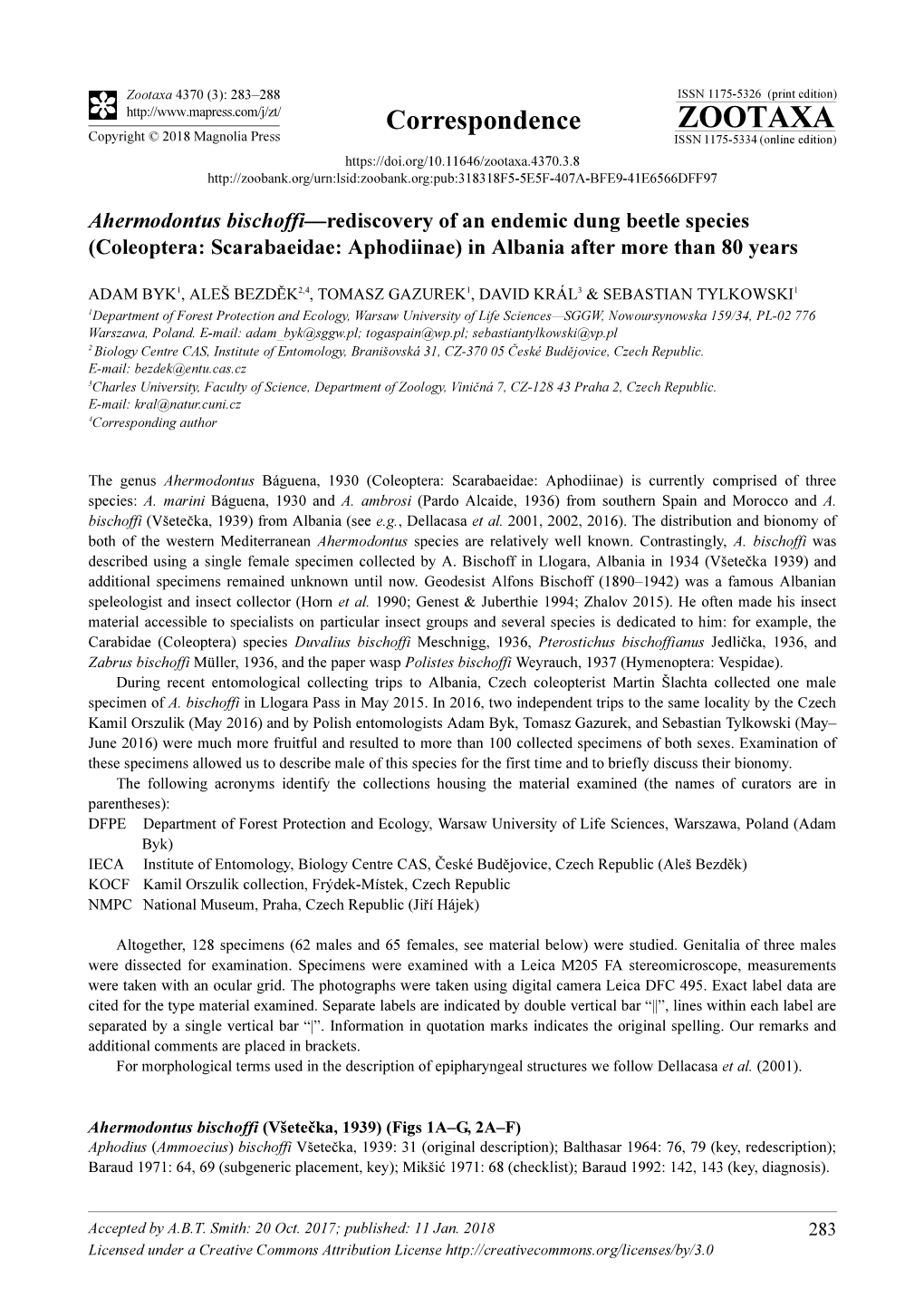 Ahermodontus Bischoffi—Rediscovery of an Endemic Dung Beetle Species (Coleoptera: Scarabaeidae: Aphodiinae) in Albania After More Than 80 Years