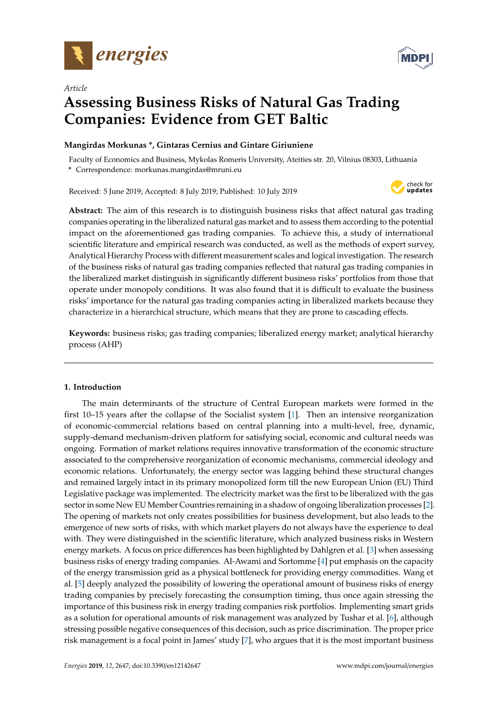 Assessing Business Risks of Natural Gas Trading Companies: Evidence from GET Baltic